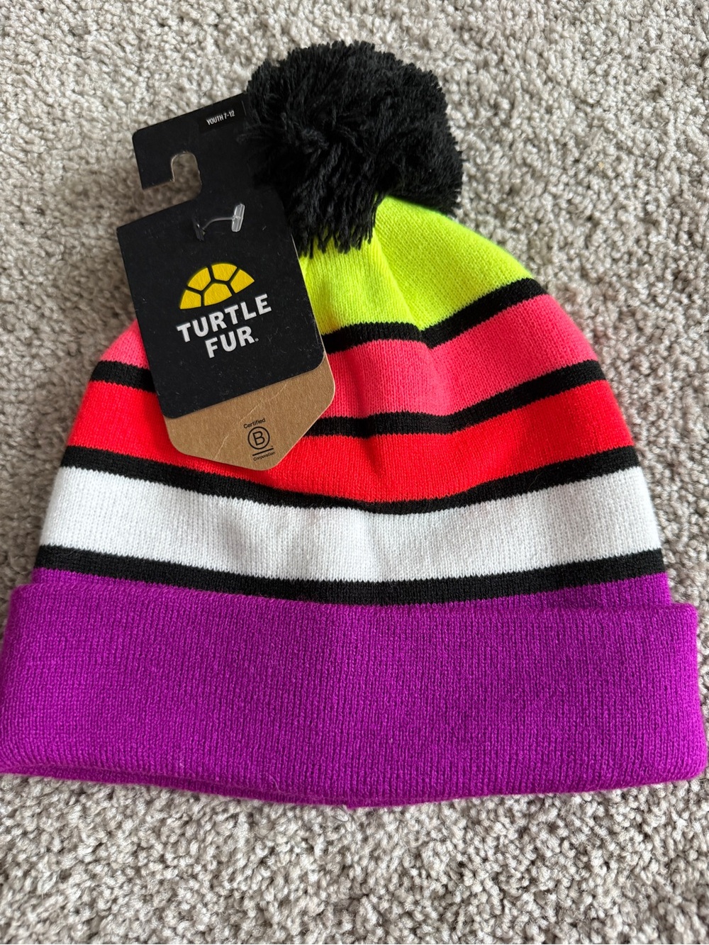 Turtle Fur Kids Striped Pom Beanie - Purple & Neon Multi